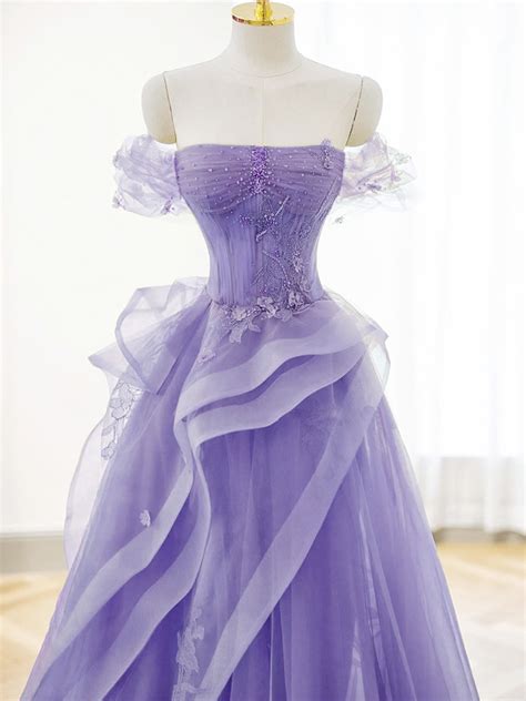 A Line Off Shoulder Tulle Lace Purple Long Prom Dress Purple Lace Lon Shopluu