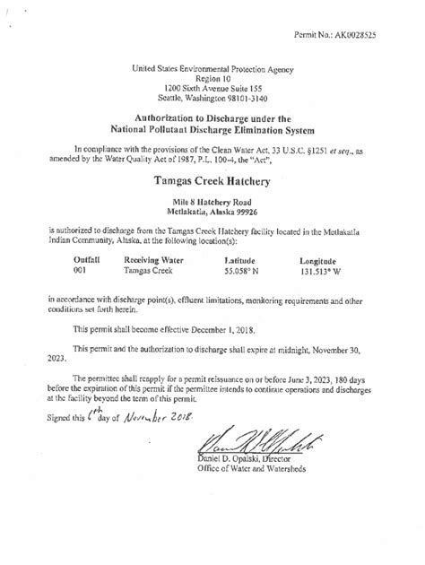 Fillable Online Final NPDES Permit For Tamgas Creek Hatchery