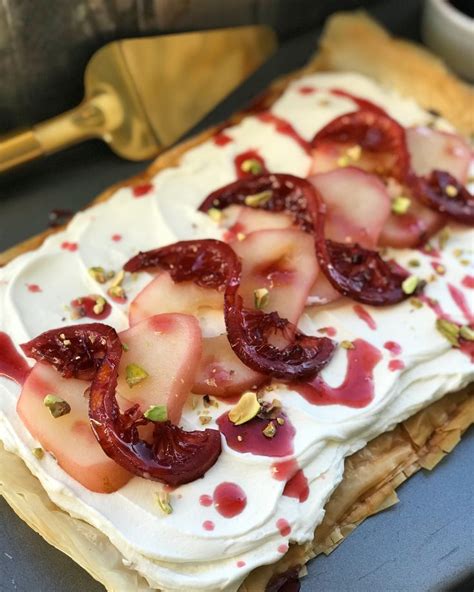 Poached Pear And Sweet Goat Cheese Tart On Phyllo Dough With Lemon And Pistachio Goat Cheese