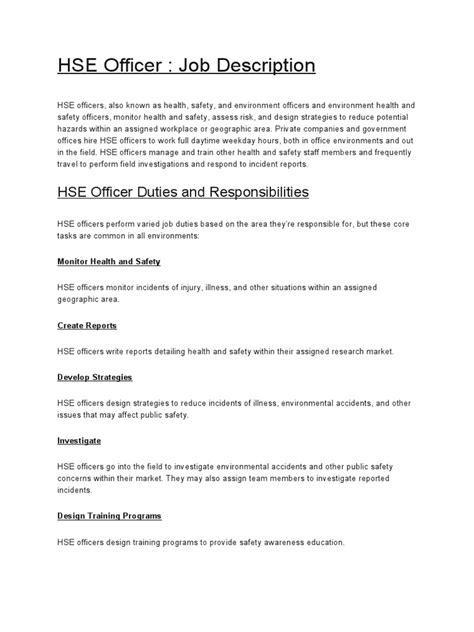 Hse Officer Job Description Download Free Pdf Occupational Safety And Health Risk Assessment