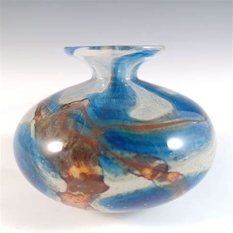 Signed Valletta Maltese Brown Blue Glass Squat Vase In Blue