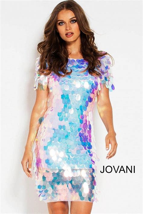 Jovani 55494 Blush Short Sleeve Paillette Cocktail Dress 55494 In 2021