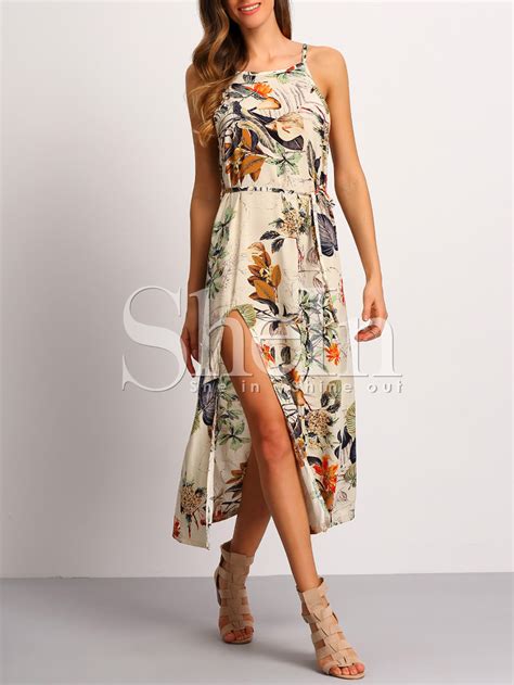 Spaghetti Strap Patterned Backless Split Dress Shein Sheinside