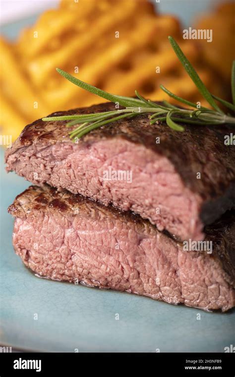 Grilled Steak With Fresh Potato Grids Stock Photo Alamy