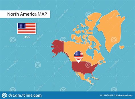 Usa Karta I Amerikanska Ikoner Som Visar Usaplatsen Och Flaggor Vektor