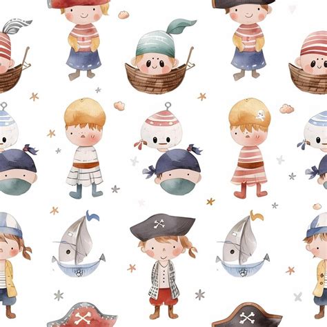 Watercolor Cute And Creepy Pirates Pattern White Background Premium