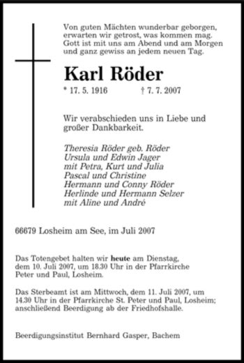 Traueranzeigen Von Karl R Der Saarbruecker Zeitung Trauer De