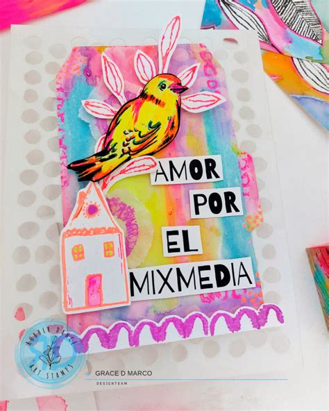 Mixed Media Tag With Sketchy Birds And Stencil Background Rubber