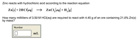 Solved Zinc Reacts With Hydrochloric Acid According To The