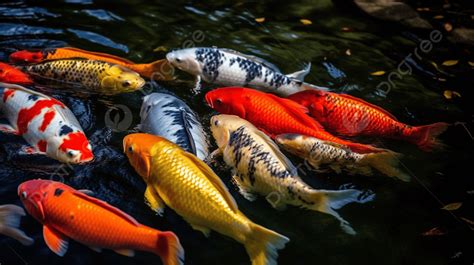 Group Of Colorful Koi Fish In A Pond Background A Group Of Colorfully