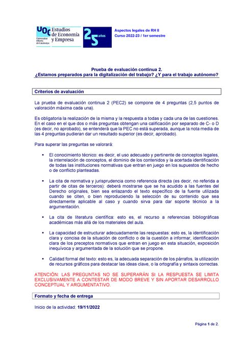 PEC 2 Aspectos Legales RRHH 2 Aspectos Legales De RH II Curso 2022 23