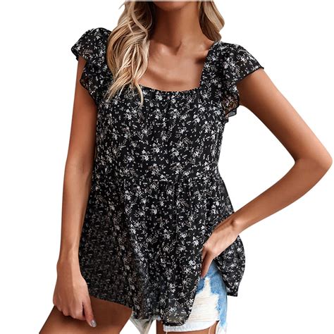 Posijego Womens Boho Tank Tops Floral Print Square Neck Chiffon Blouse