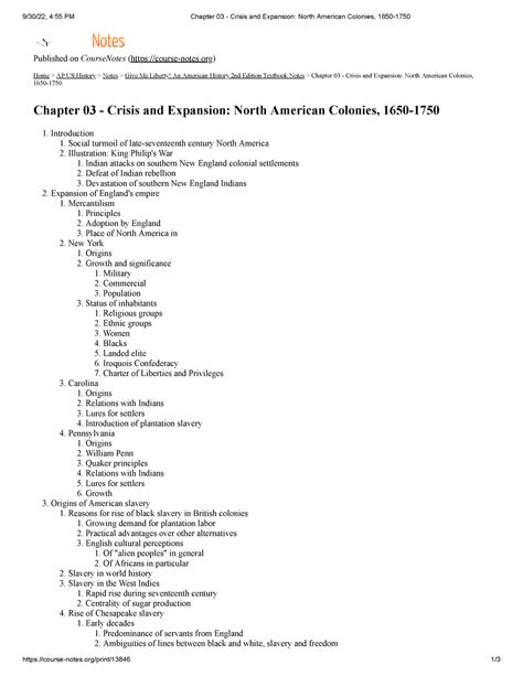 Chapter 03 Notes - Crisis and Expansion North American Colonies, 1650