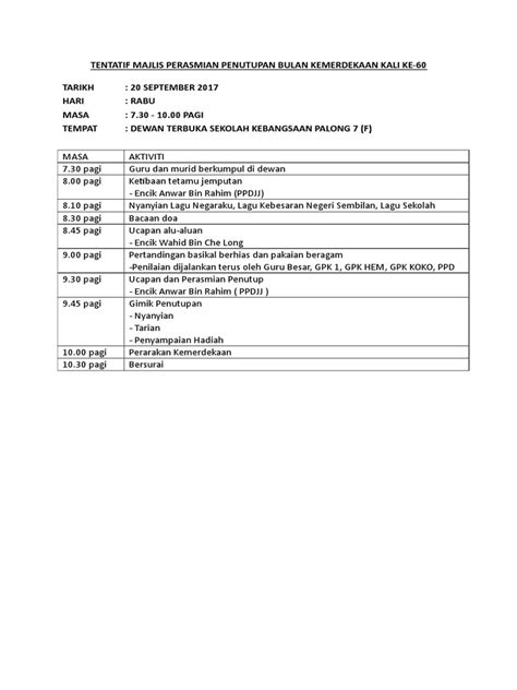 Tentatif Majlis Perasmian Penutupan Bulan Kemerdekaan Kali Ke Pdf