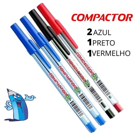 Kit Caneta Compactor Bico Fino Azul Preto Vermelho Escrita