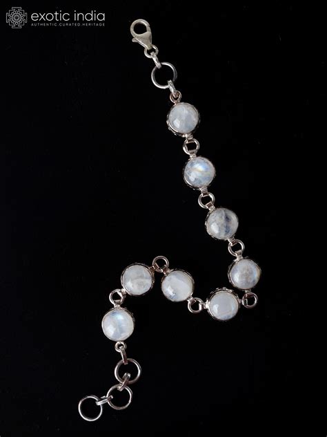 Sterling Silver Bracelet With Round Shaped Rainbow Moonstone Exotic