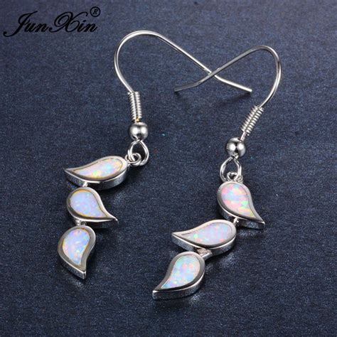 JUNXIN Fire White Opal Earring Long Dangle Earrings 925 Sterling Silver