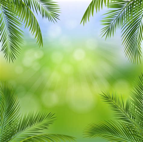 Premium Vector | Green nature poster with bokeh and palm leaves