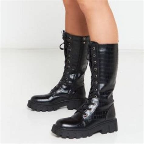 Utopia Knee High Lace Up Combat Boots Black Offer At Zando