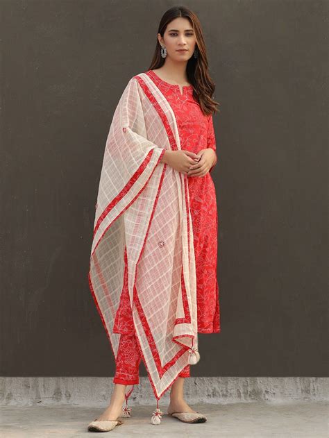 Red Floral Printed Cotton Suit With Off White Checkered Mulmul Dupatta