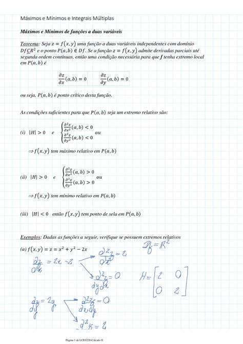 Máximos E Mínimos E Integrais Múltiplas Exercícios Cálculo Docsity