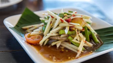 Spicy Green Papaya Salad Papaya Salad In White Dish Thai Name Som Tam