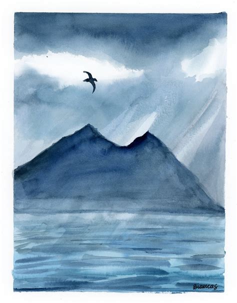 Watercolor Stormy Sky And Ocean Painting Original Watercolor Etsy