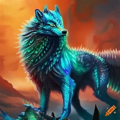 Image Of A Dragon Wolf Hybrid With Vibrant Peacock Colors On Craiyon