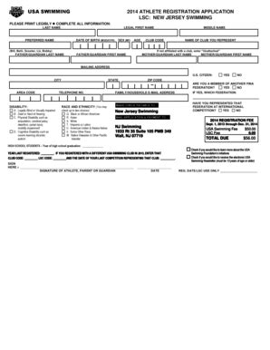 Fillable Online USA SWIMMING 2014 ATHLETE REGISTRATION APPLICATION LSC