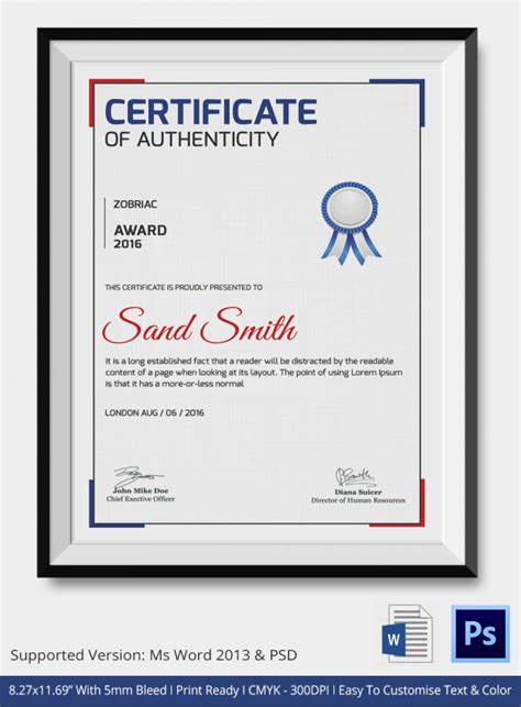 Certificate Of Authenticity Template Free Word Pdf Psd Format