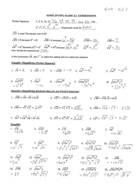 Gv Alg I Worksheet Answers Simplifying Radical Expressions Pdf