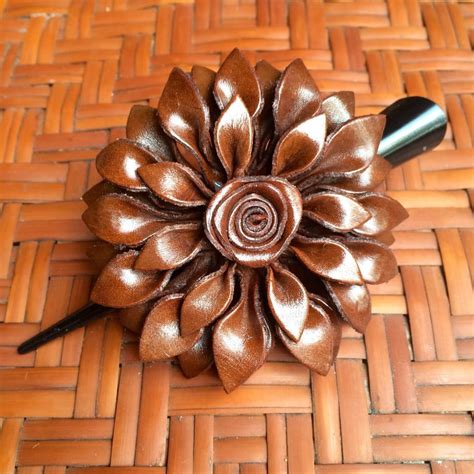 Leather Flower Hair Clip Dahila Handmade In Thailand Leather