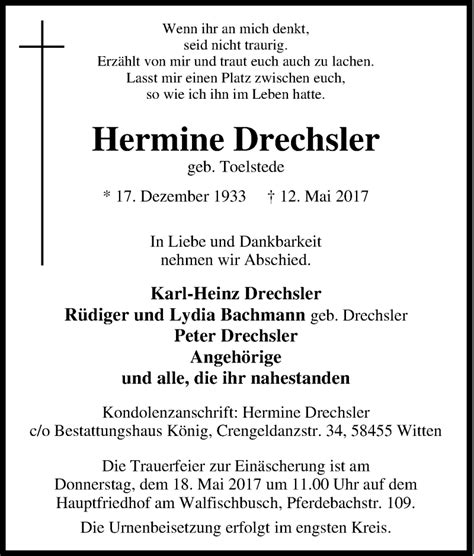 Traueranzeigen Von Hermine Drechsler Trauer In Nrw De