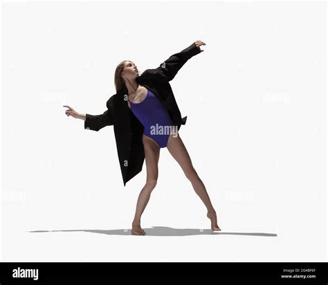 Solo Young Beautiful Girl Female Ballet Dancer Dancing Isolated Over White Background With