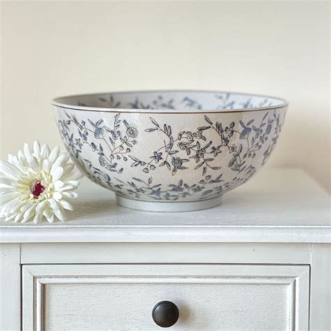 Botanical Medium Fruit Bowl Or Ceramic Decorative Bowl In Blue And