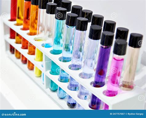 Chemical Test Tubes With Colored Liquids In Laboratory Stock Image