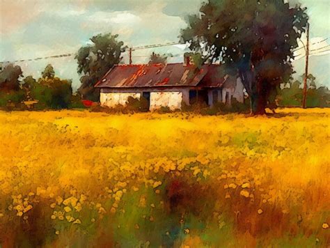 Premium AI Image | A painting of a house in a field of yellow flowers.