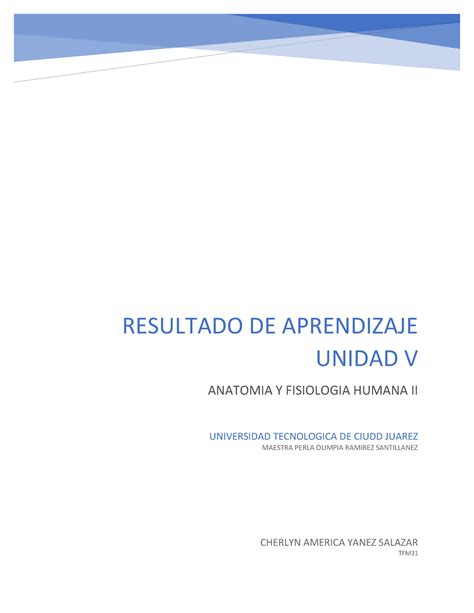 Anatom A Y Fisiolog A Humana Ii Resultado De Aprendizaje Unidad V