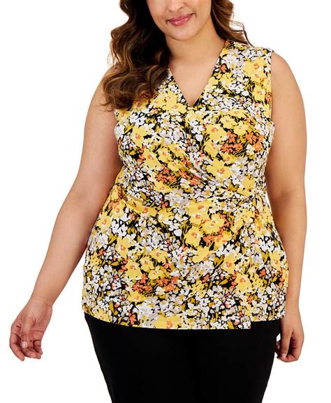 Kasper Plus Size Floral Print Faux Wrap Sleeveless Top Macys