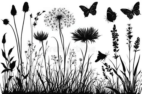 Black Silhouettes Of Grass Flowers And Herbs Isolated On White Background Hand Drawn Sketch