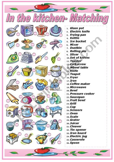 In The Kitchen Utensils And Appliances Matching Exercise Bandw Version Included Esl