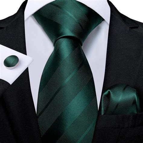 Blackish Green Striped Mens Tie Handkerchief Cufflinks Set Mens Wedding Ties Tie Hanky