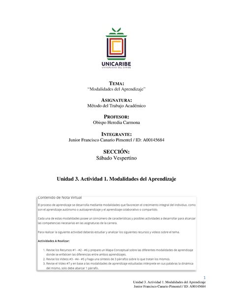 Unidad 3 Actividad 1 Modalidades Del Aprendizaje 1 Unidad 3