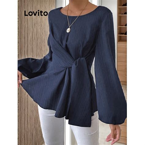 Lovito Blusa Elegante Babados E Cinto Liso Para Mulheres Lbl