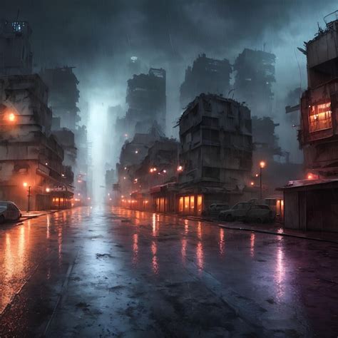 Premium AI Image Post Apocalyptic City At Raining Night Generative