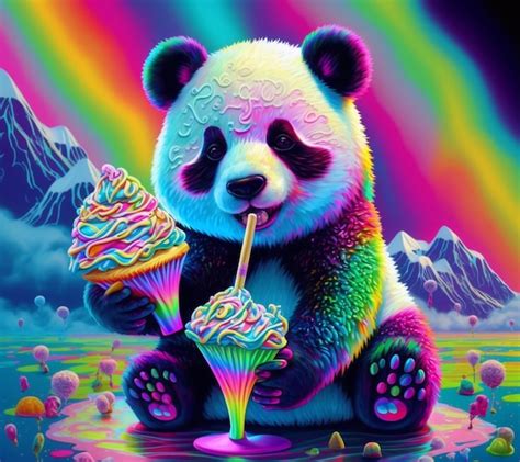 Panda Bear With Cupcake And Rainbow Background Generative Ai Premium