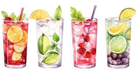 Watercolor Summer Drinks Clipart Set On Transparent Background Ai