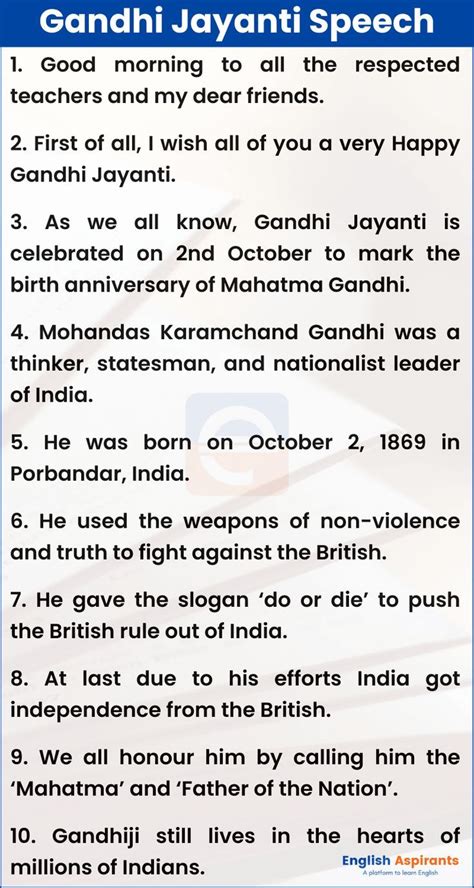 Gandhi Jayanti Speech In English 10 Lines 2nd October