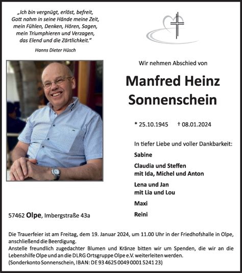 Traueranzeigen Von Manfred Heinz Sonnenschein Trauer In Nrw De