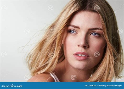 Blonde Woman Looking Away Hair Blowing Close Up Horizontal Stock